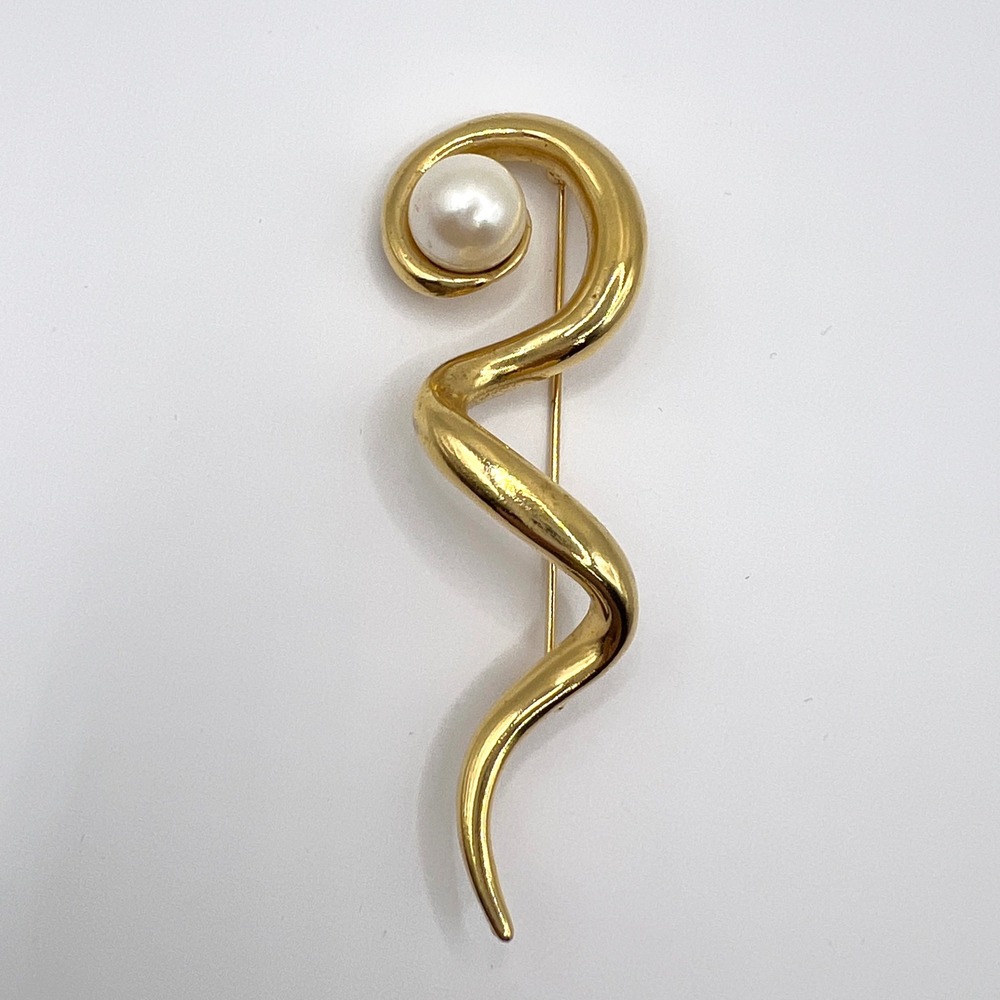 Vintage Avon Gold Tone Swirl Brooch Faux Pearl Abstract Serpentine Pin